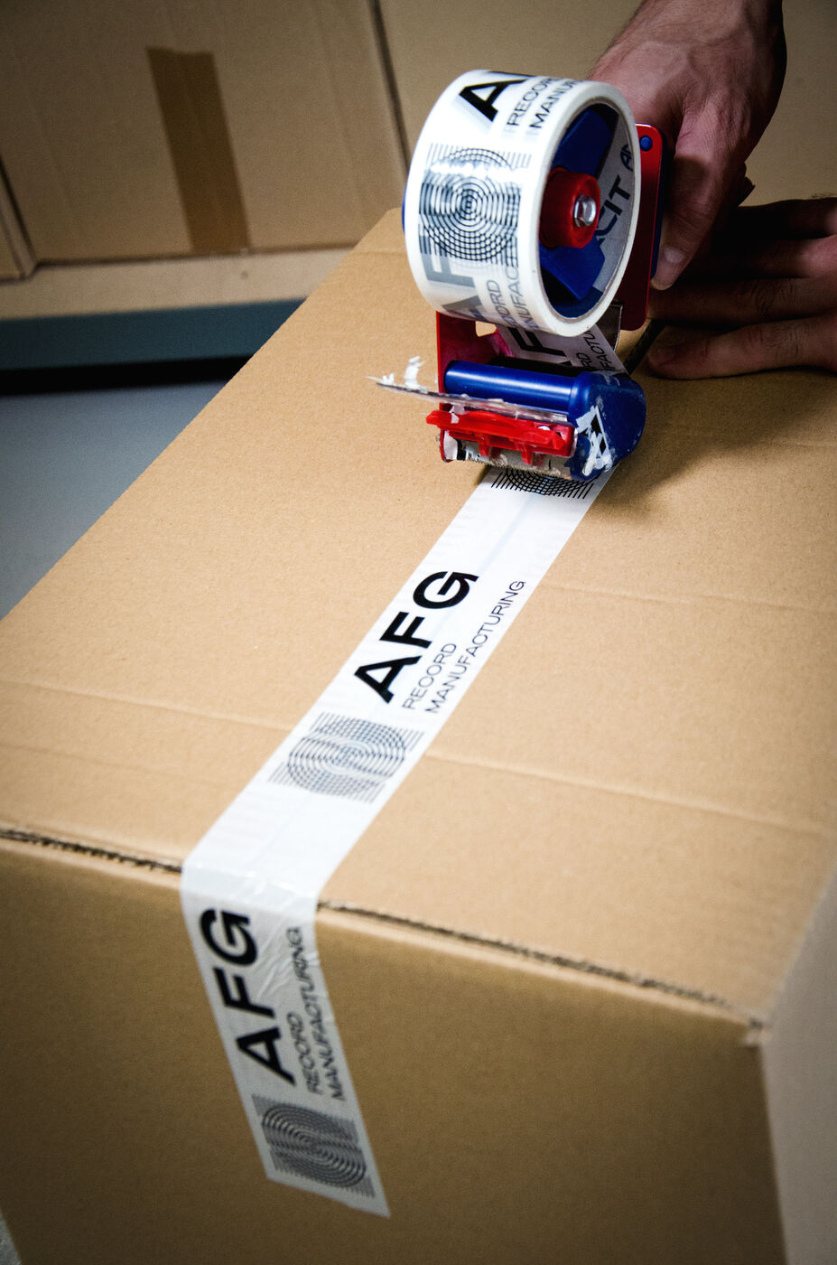 An AFG box taped shut for shipping